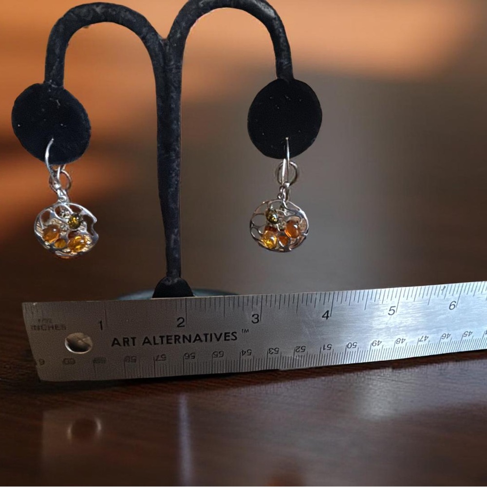 Vintage Sterling Silver & Amber Dangle Earrings